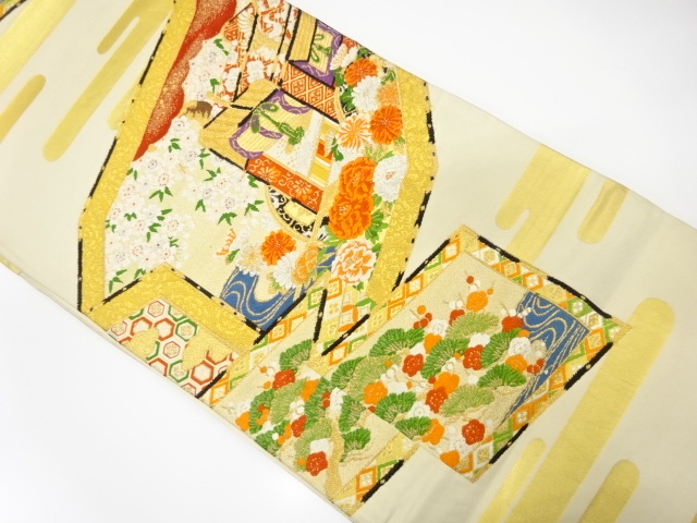 アンティーク　屏風に御所車・草花模様織出し袋帯（材料）